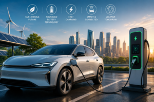 Modern electric car charging at an EV station, showcasing the future of electric cars and sustainable automotive technology.