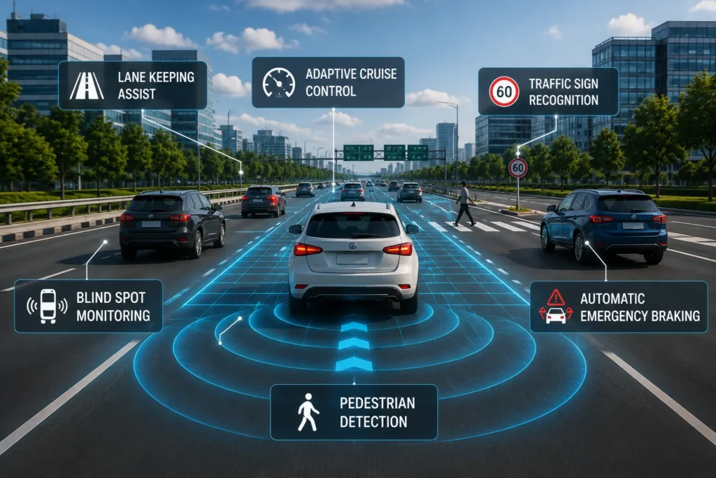 Advanced driver assistance systems in a modern car showing lane assist, adaptive cruise control and automatic emergency braking