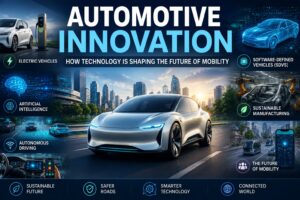 Futuristic electric vehicle representing automotive innovation with artificial intelligence, autonomous driving, connected cars, software-defined vehicles, and sustainable mobility technologies.