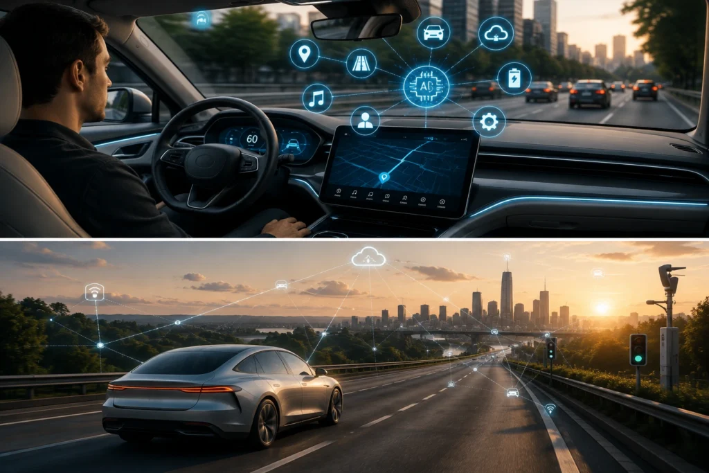 Autonomous agents in a car using AI to manage navigation, vehicle functions and connected driving