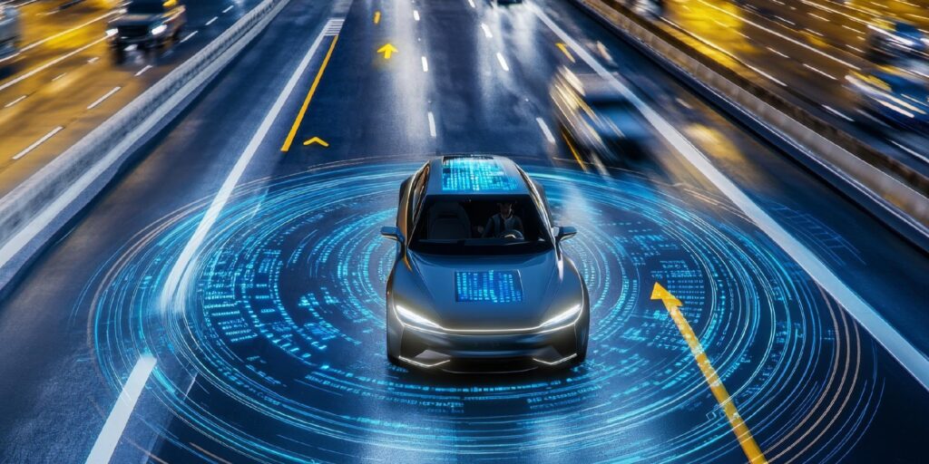 Autonomous smart cars using AI and sensors driving on highway representing future of mobility