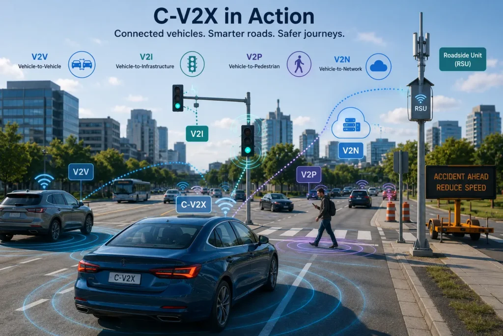 C-V2X technology connecting vehicles, pedestrians and roadside infrastructure