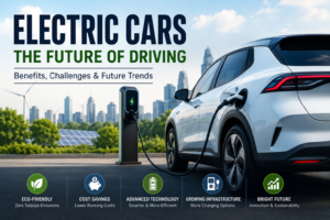 White electric car charging at a public EV charging station with a modern city skyline representing the future of electric cars and sustainable mobility.