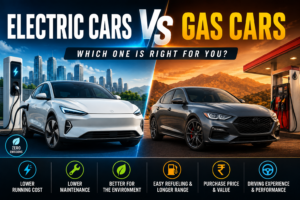 Featured image comparing electric cars vs gas cars, highlighting differences in running costs, maintenance, environmental impact, purchase price, refuelling, and driving experience.