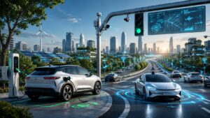 Future mobility with electric vehicles, autonomous cars, AI-powered traffic management, connected transportation systems, and smart city infrastructure.