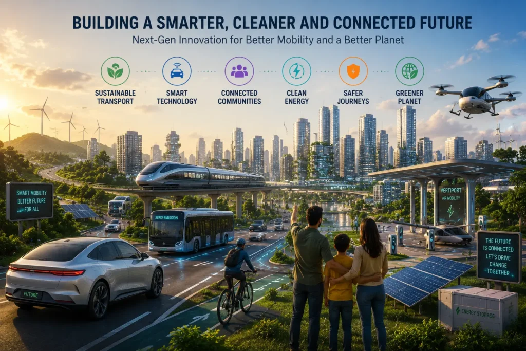 Smart city with electric vehicles, public transport, clean energy and connected mobility