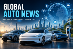 Featured image showing futuristic electric vehicles, smart city technology, AI connectivity, and sustainable mobility representing Global Auto News.