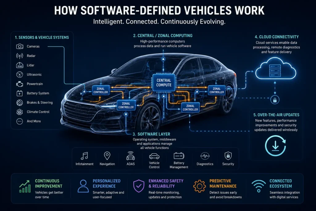 Software-defined vehicle architecture showing sensors, central and zonal computing, vehicle software, cloud connectivity and over-the-air updates