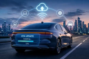 Modern car receiving an OTA software update through a connected network