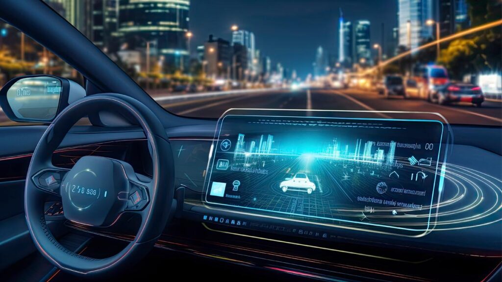 Smart cars with connected vehicle technology showing AI-powered dashboard and real-time data integration