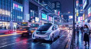 Smart cars driving in a futuristic city with AI-powered connected vehicle technology and autonomous mobility system