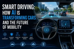 AI-powered car dashboard showing smart driving, advanced safety and connected vehicle technology