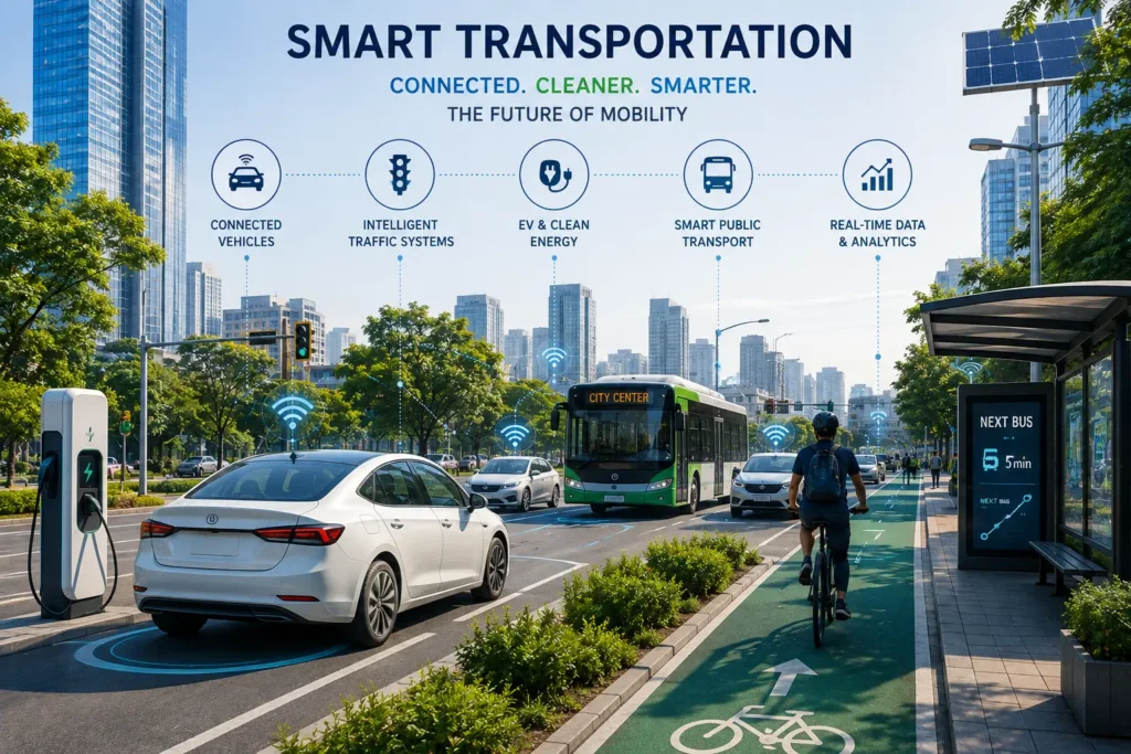 Smart transportation system with connected vehicles, electric bus and intelligent traffic infrastructure