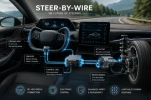 Steer-by-wire technology showing electronic steering control from the steering wheel to front wheels