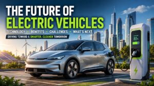 Modern electric vehicle charging in a smart city, representing the future of electric vehicles, EV technology, clean energy, and sustainable transportation.