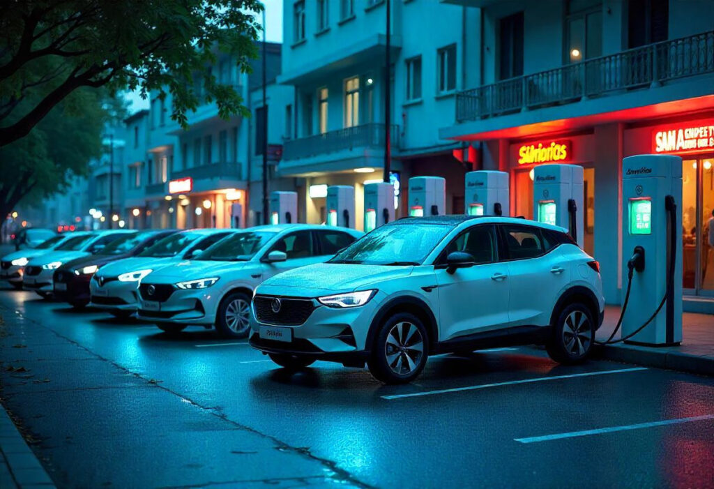 Multiple electric vehicles charging at public EV charging stations, highlighting the future of electric vehicles and the expansion of charging infrastructure.