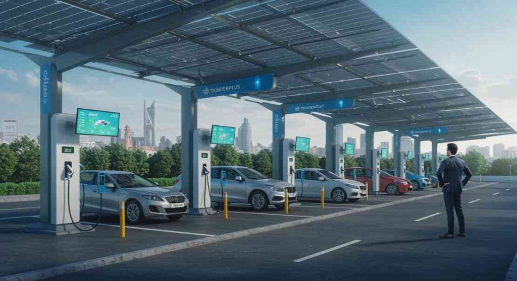 Electric vehicle charging station representing automotive innovation and sustainable mobility.
