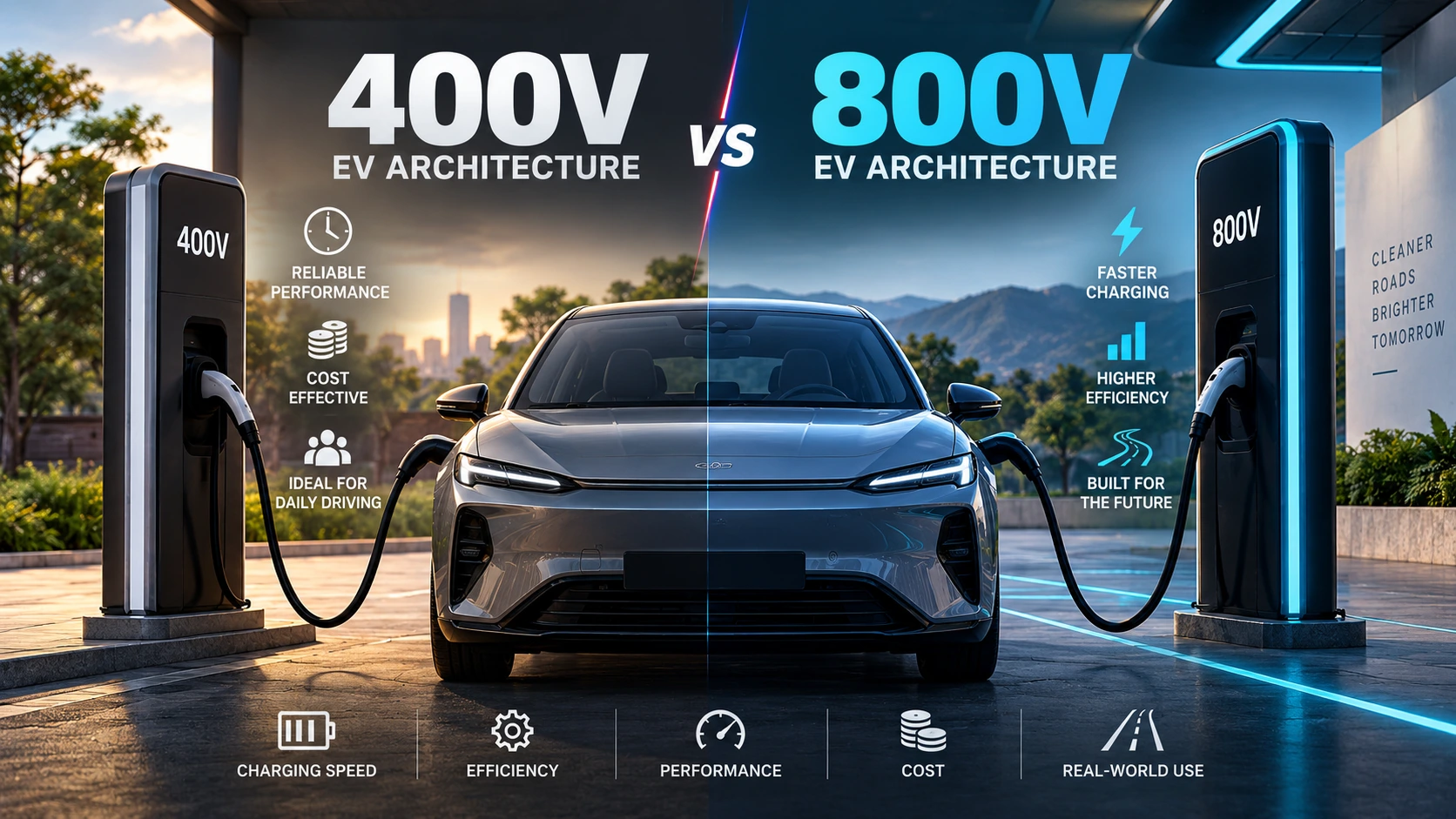 400V vs 800V EV architecture comparison showing electric car charging systems