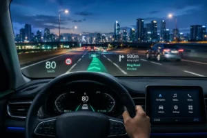 Augmented reality in cars with an AR head-up display showing navigation guidance