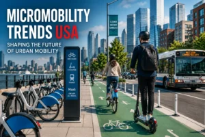 Micromobility trends USA with shared e-bikes and electric scooters in a city