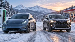 Electric and gas cars driving in snowy winter conditions