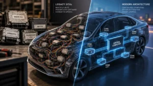 Legacy ECUs compared with modern centralized car software architecture