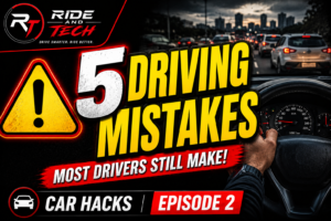 5 Driving Mistakes Most Drivers Still Make including mirror adjustment, driving downhill in neutral, AC temperature settings, steering lock habits, and hazard light usage.