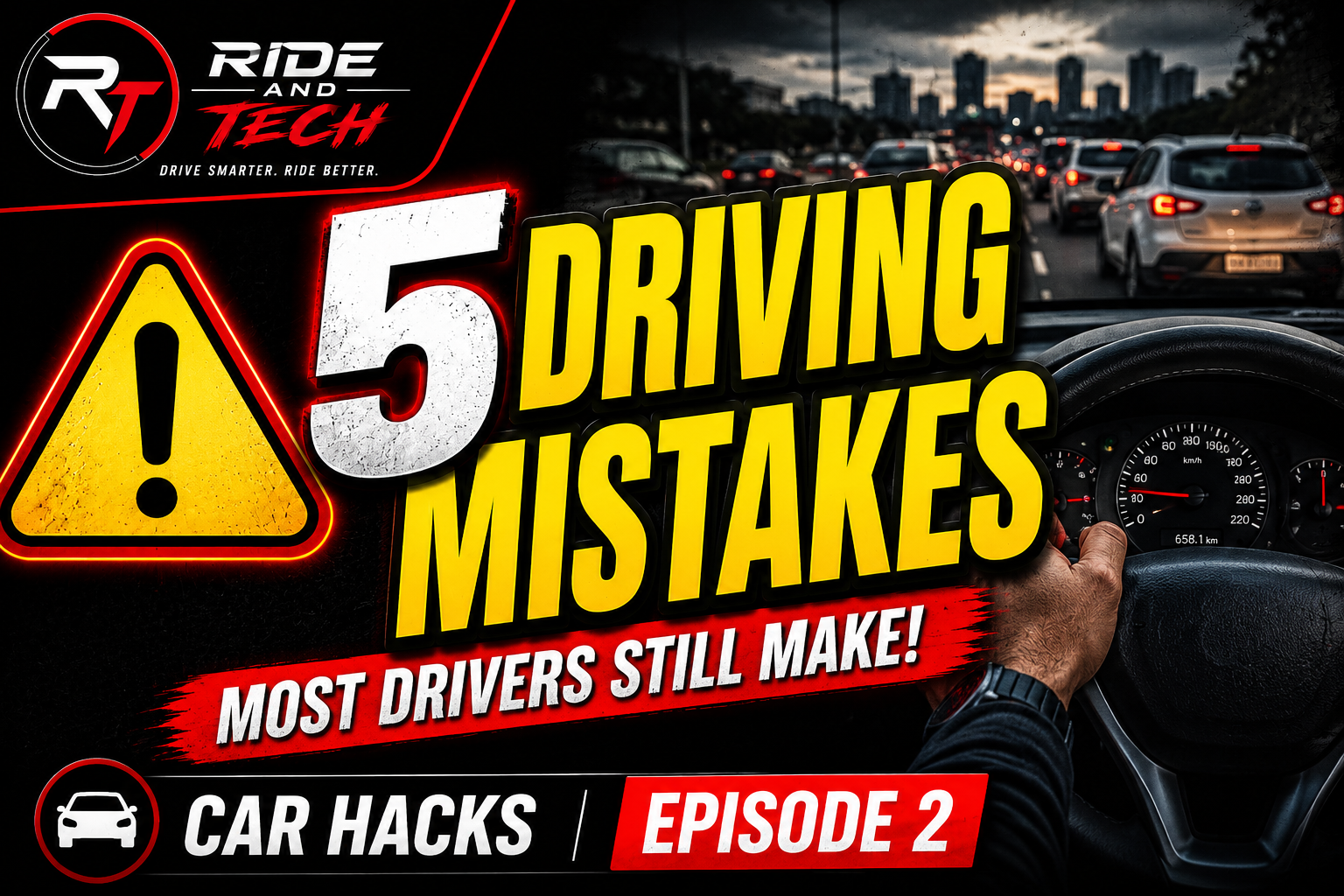 5 Driving Mistakes Most Drivers Still Make including mirror adjustment, driving downhill in neutral, AC temperature settings, steering lock habits, and hazard light usage.