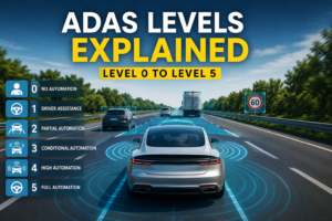 ADAS Levels explained from Level 0 to Level 5 showing advanced driver assistance systems, autonomous driving stages, and modern vehicle safety technology.