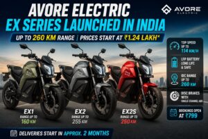 Avore Electric EX Series electric motorcycles launched in India with up to 260 km range, including the EX1, EX2, and EX2S variants.