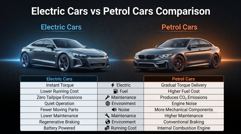 Electric cars vs petrol cars comparison showing differences in torque, running cost, maintenance, emissions, braking system, and powertrain technology