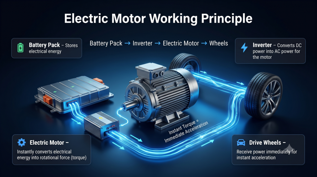 Electric motor working principle showing how battery power flows through the inverter to the electric motor and wheels, producing instant torque in an electric vehicle