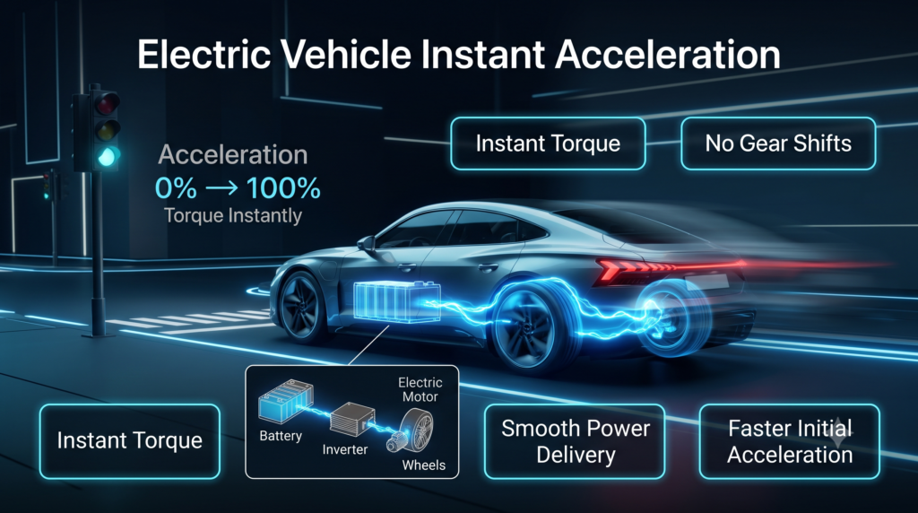 Electric vehicle demonstrating instant acceleration through immediate torque delivery from the electric motor to the wheels.
