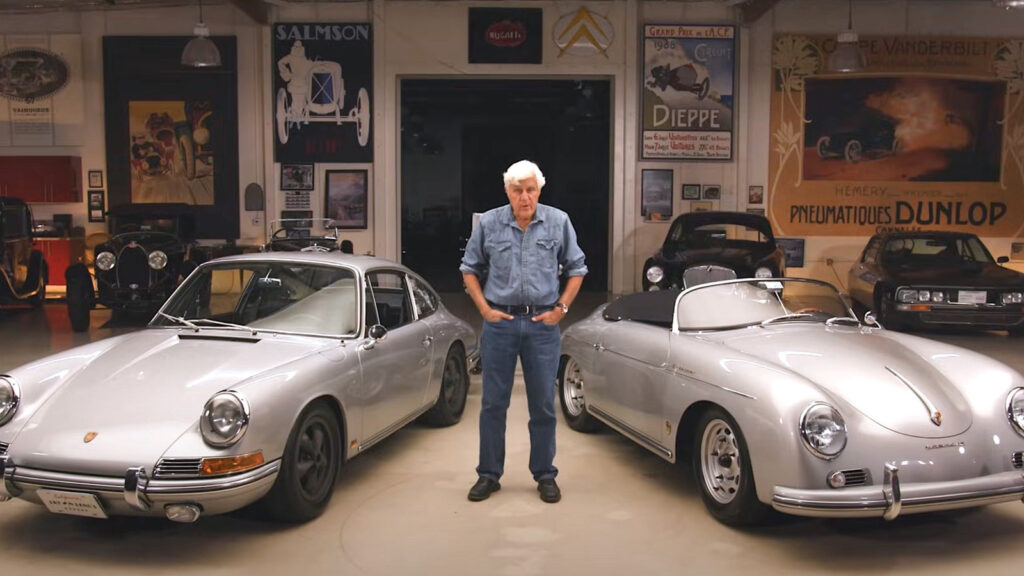 Jay Leno Car Collection featuring Jay Leno inside his legendary garage with classic Porsche sports cars.