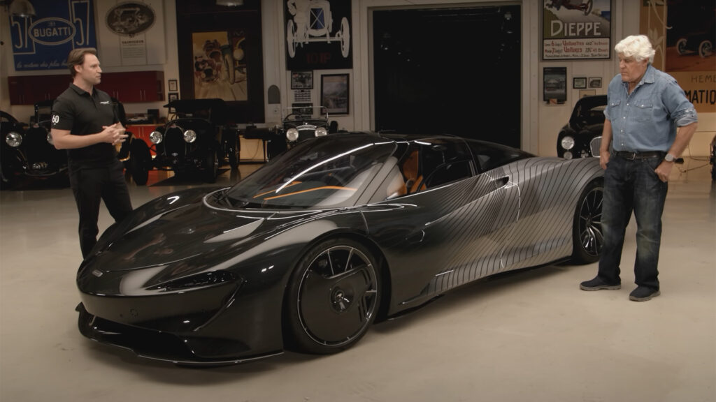 Jay Leno Car Collection featuring Jay Leno with the McLaren Speedtail inside his world-famous garage.
