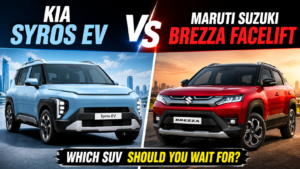 Kia Syros EV vs Maruti Suzuki Brezza Facelift comparison showcasing the design and interior of both upcoming SUVs