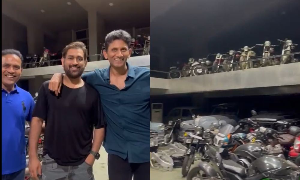 MS Dhoni standing inside his legendary motorcycle garage, showcasing part of the MS Dhoni Bike Collection with vintage motorcycles and classic bikes.