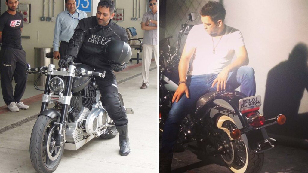 MS Dhoni with Harley-Davidson motorcycles, showcasing his passion for biking as part of the MS Dhoni Bike Collection.