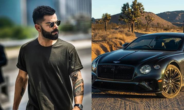 Virat Kohli alongside a Bentley Continental GT luxury coupe.