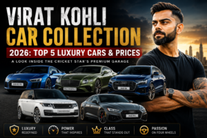 Virat Kohli Car Collection featuring Audi R8, Bentley Continental GT, Audi Q8, Range Rover Vogue and Audi RS5.