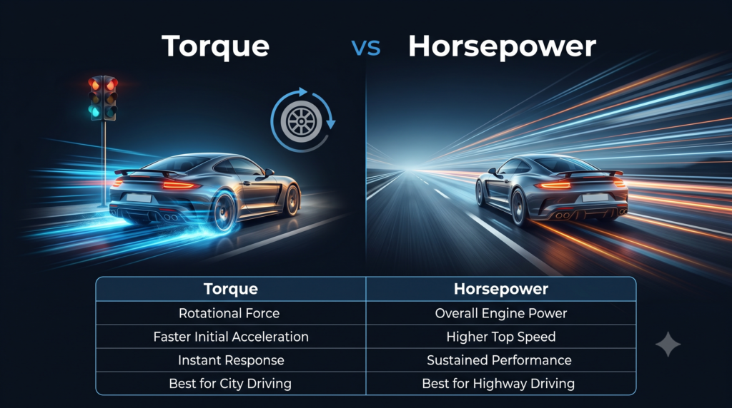 Torque vs horsepower comparison explaining acceleration, engine power, and top speed in electric and petrol cars