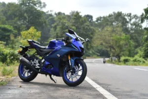 Yamaha R-series sportbike parked on a road