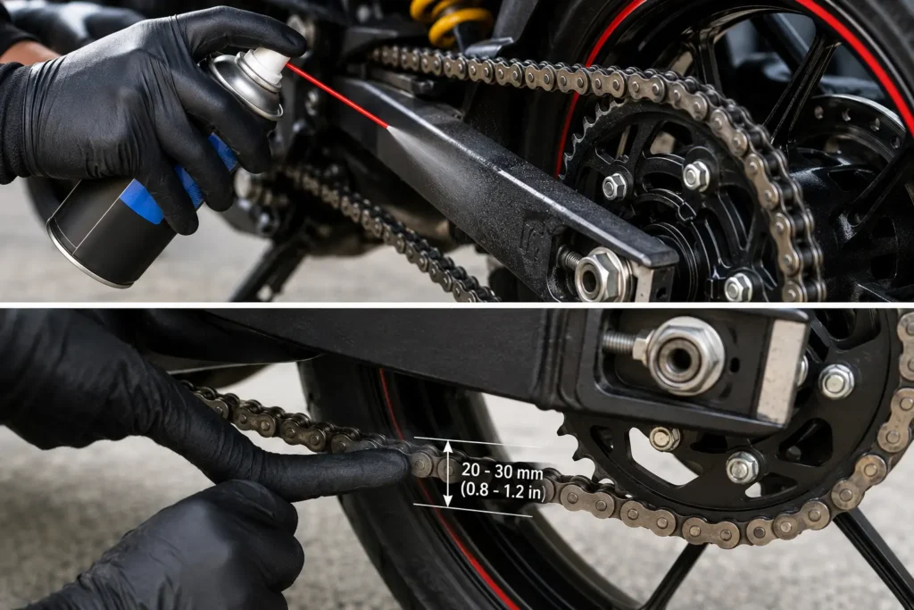 Motorcycle chain being lubricated and checked for correct chain tension