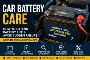 Car battery in engine bay with tips for extending battery life and preventing sudden failure