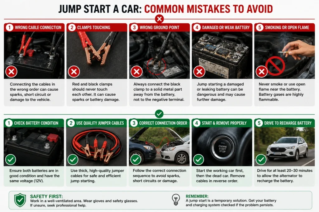 Infographic showing common mistakes to avoid when jump starting a car, including incorrect jumper cable connections, damaged batteries, and improper grounding.