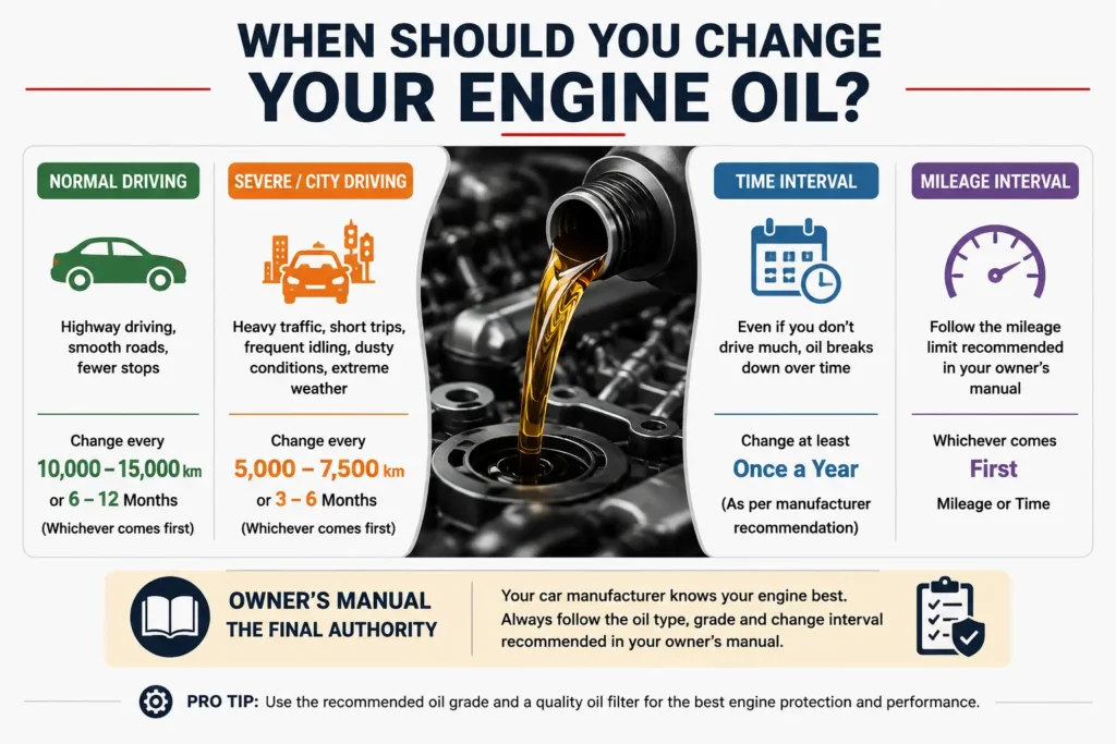 Infographic explaining engine oil change intervals for normal and heavy city driving