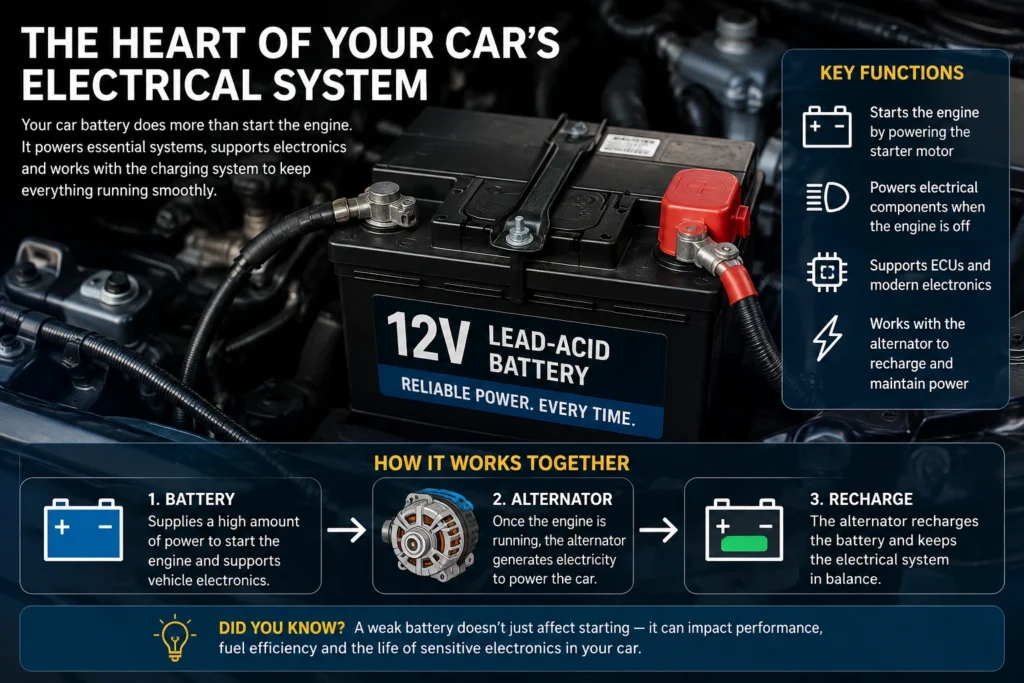 12V car battery in an engine bay showing how the battery and alternator work together