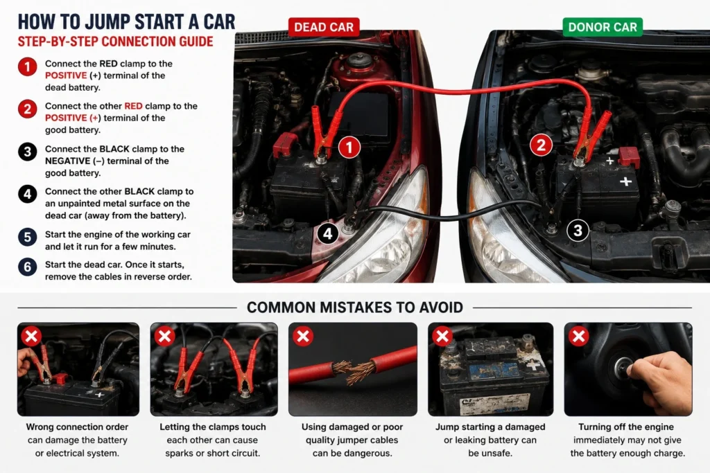 Step-by-step jumper cable connection diagram showing how to jump start a car safely using a donor vehicle.