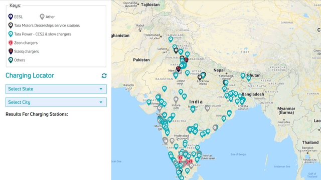 EV charging stations in India map showing public EV charging infrastructure across major cities and highways