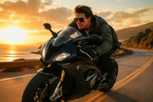 Tom Cruise bike collection featuring the actor riding a black superbike on a coastal road at sunset